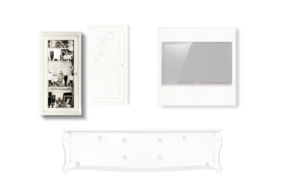 Шкаф навесной с декором, стекло "Луиза" (левый); белая эмаль с серебряной патиной