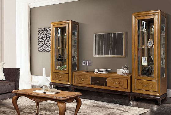 Шкаф с витриной 1-но дв. "Соната" (левый) массив и шпон дуба 7