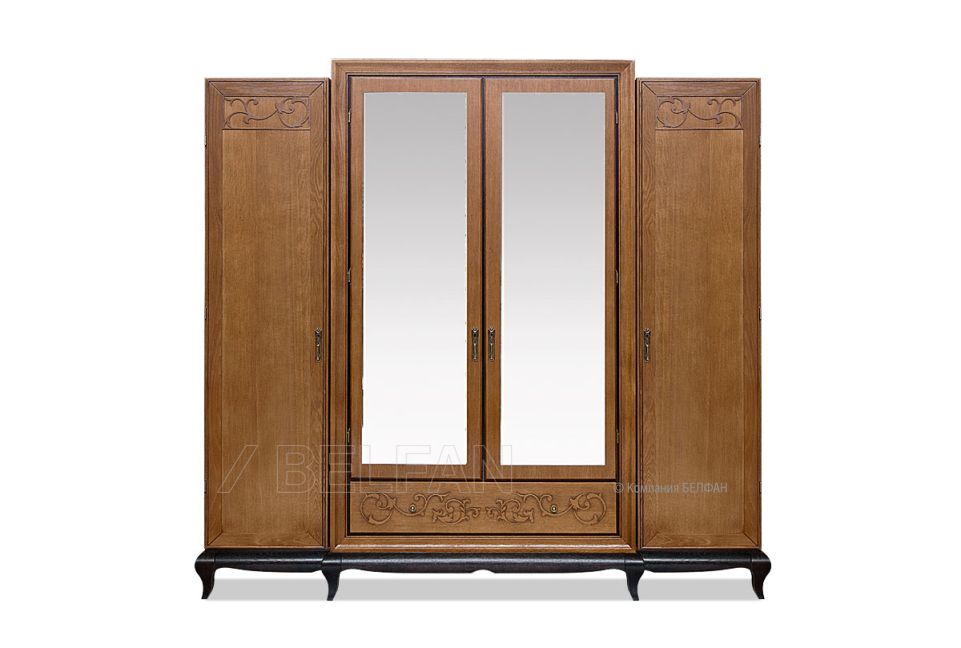 Шкаф для одежды 4-х дв. "Соната" с зеркалом (без декора); коньяк с тёмной патиной+горький шоколад