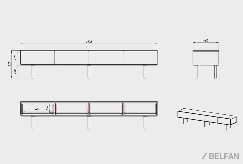 Тумба под ТВ низкая "Норман" 4 массив дуба, МДФ, металл 4