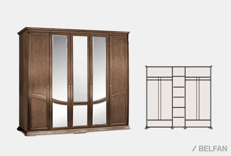 Шкаф для одежды 5-ти дв. "Лика" (с зеркалом) массив и шпон дуба 2