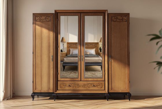 Шкаф для одежды 4-х дв. "Соната" с зеркалом (без декора) массив и шпон дуба 4