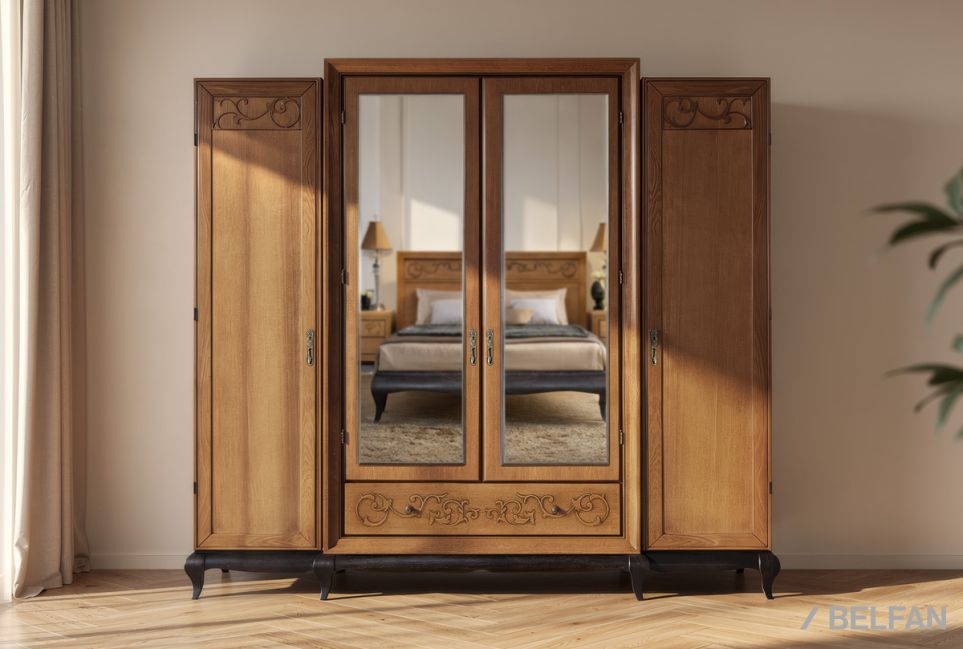 Шкаф для одежды 4-х дв. "Соната" с зеркалом (без декора) массив и шпон дуба 1