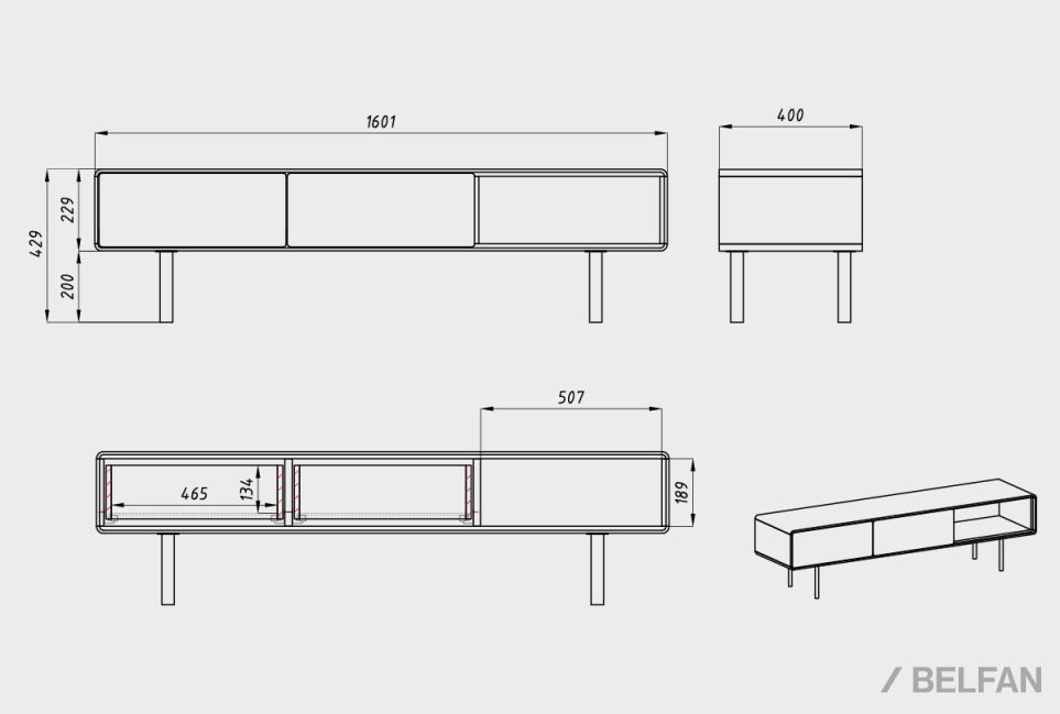 Тумба под ТВ низкая "Норман" 3 с нишей (правая) массив дуба, МДФ, металл 5