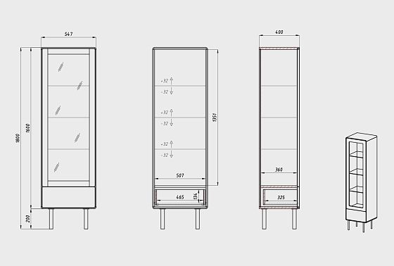 Витрина 1-но дверная "Норман" (левая) массив дуба, МДФ, металл 3