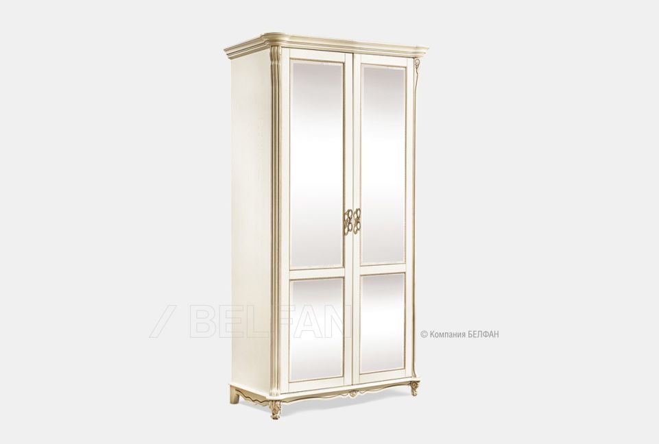 Шкаф 2-х дв. "Алези" с зеркалом; с полками; слоновая кость с золочением
