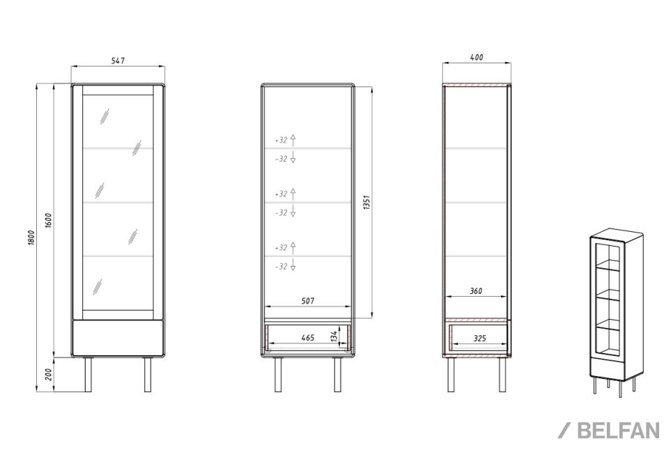 Витрина 1-но дверная "Norman" (правая) массив дуба, МДФ, металл 4