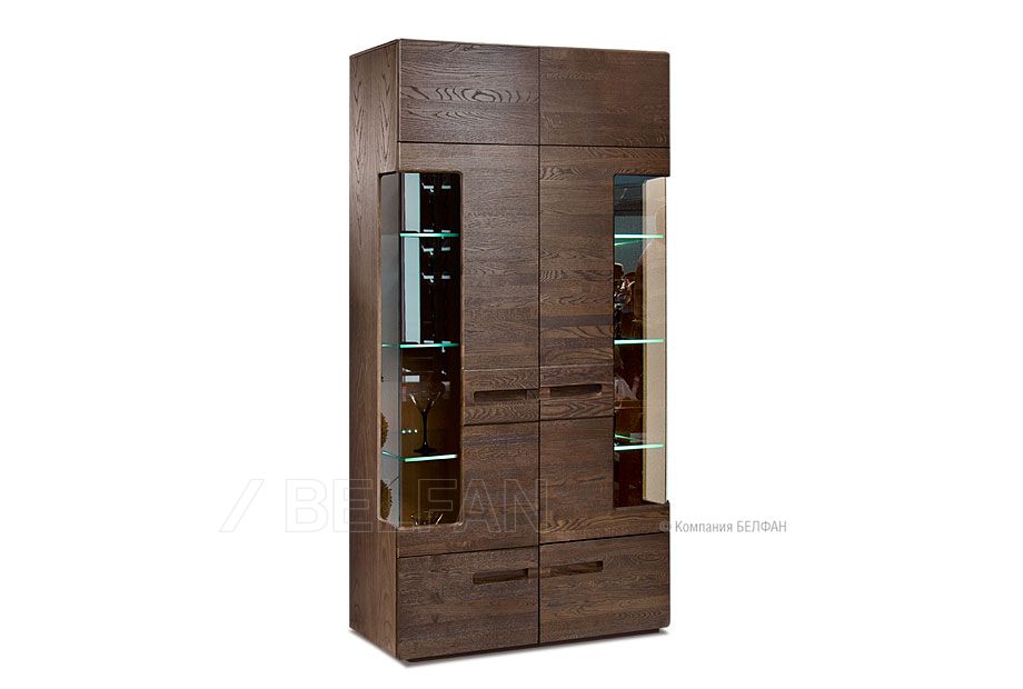 Шкаф с витриной 2-х дверный (высокий) "Хедмарк"; тёмный дуб, браширование