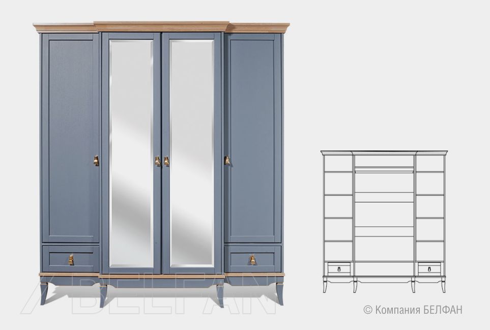 Шкаф для одежды 4-х дв. "Стюарт" (с зеркалом) массив и шпон дуба 9