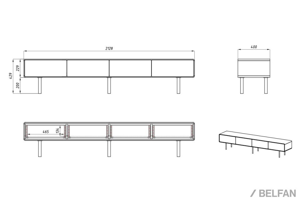 Тумба под ТВ низкая "Norman" 4 массив дуба, МДФ, металл 3