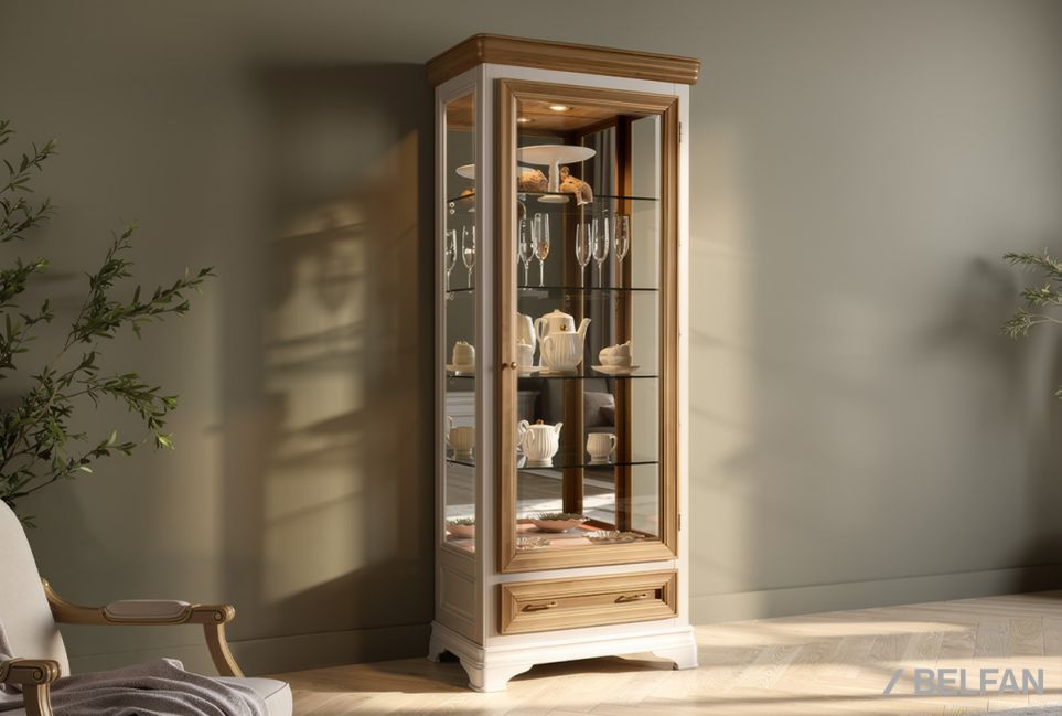 Шкаф с витриной 1-но дв. "Оливия" (правый) массив и шпон ольхи 1