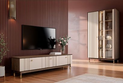 Витрина 2-х дверная "Меридиан" с нишей (комбинированная); *А-017.185; к-торфяной дуб, ф-панна котта