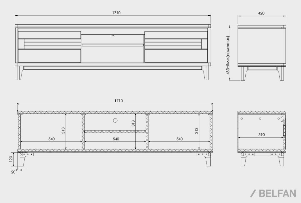 Тумба под ТВ "Wallstreet" 170 (с нишей) массив дуба, МДФ 3
