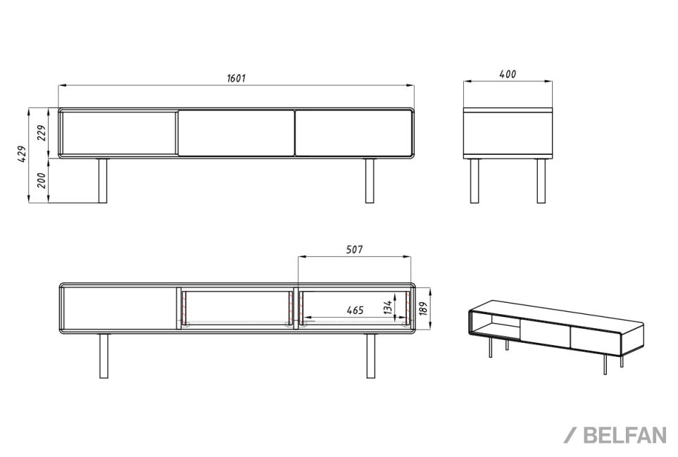 Тумба под ТВ низкая "Norman" 3 с нишей (левая) массив дуба, МДФ, металл 3