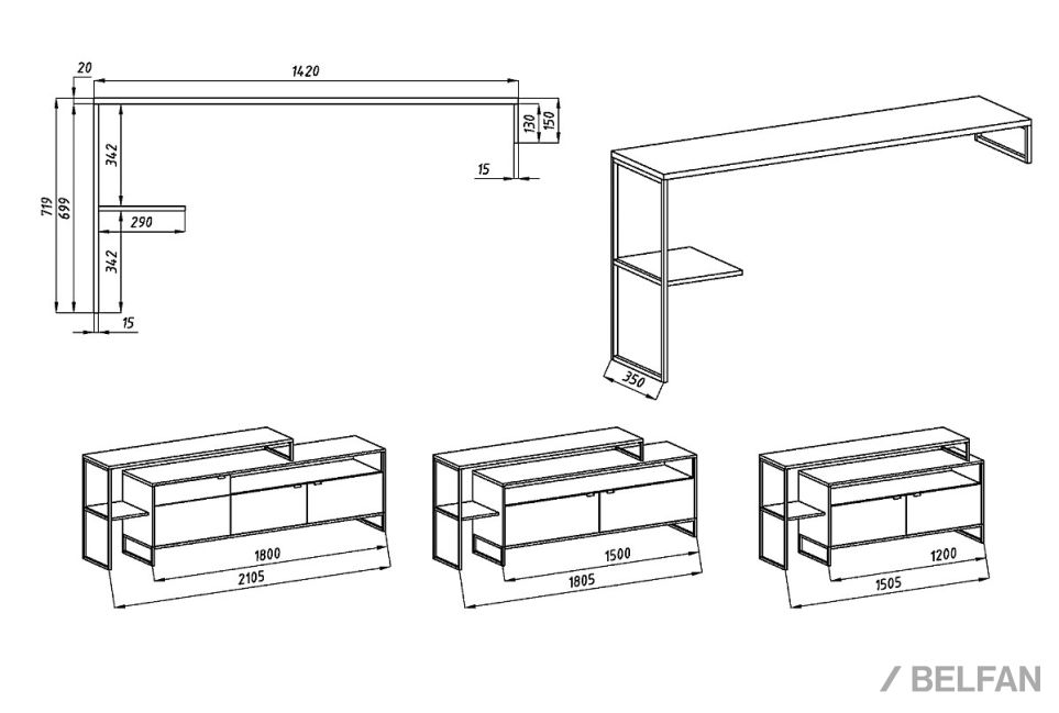 Приставка к тумбе под ТВ "Forest" массив дуба, металл 4