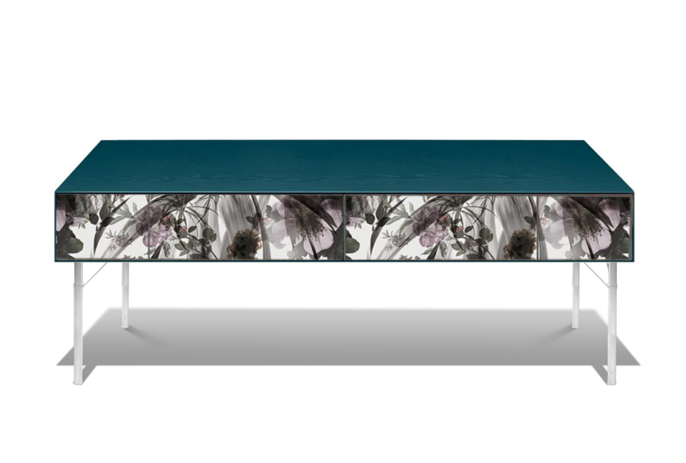 Стол журнальный "Extera" 606; 2 ящика; индиго, принт камелии, белый металл