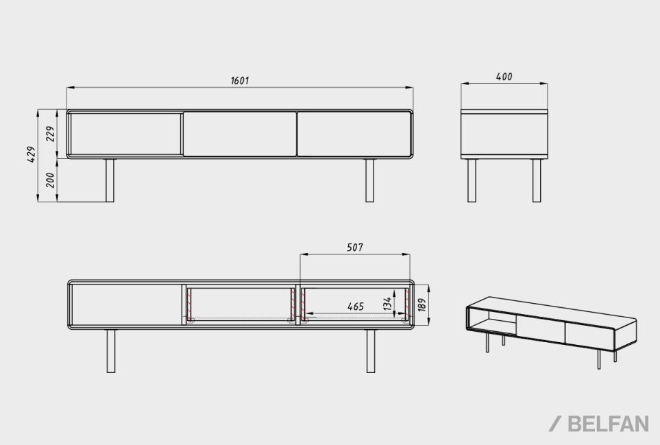 Тумба под ТВ низкая "Норман" 3 с нишей (левая) массив дуба, МДФ, металл 5