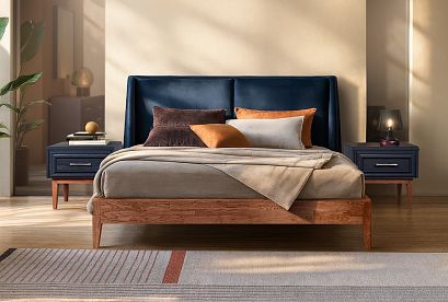 Кровать "Сакраменто" (мягкое изголовье); без основания, без матраса; *А-016.160М; (1600x2000); орех; Tiffany 37 Deep Blue