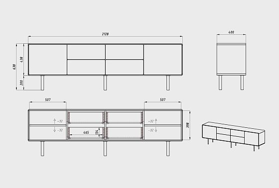 Тумба под ТВ высокая "Норман" 4 (с ящиками) массив дуба, МДФ, металл 6