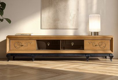 Тумба под ТВ 4-х секционная "Соната" (декор); *ММ-284-04; коньяк с тёмной патиной+горький шоколад