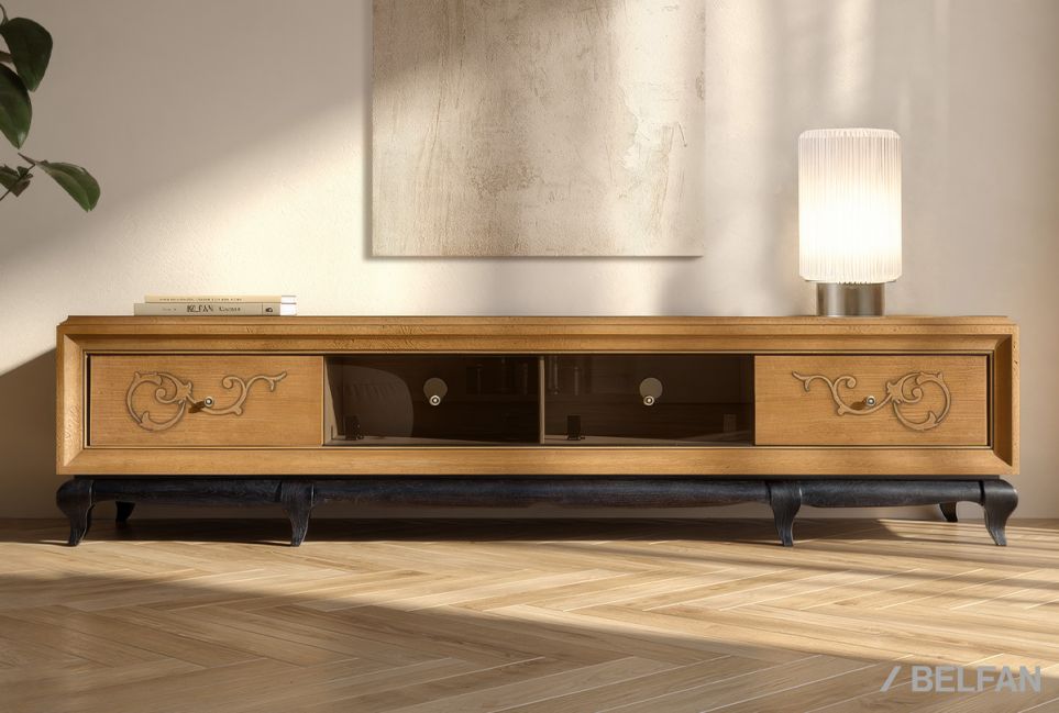 Тумба под ТВ 4-х секционная "Соната" (декор) массив и шпон дуба 1