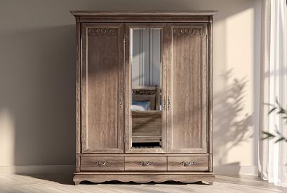 Шкаф для одежды "Тэфи" 3-х дв. с зеркалом; *ММ-216-01/03; амбэр с белой патиной