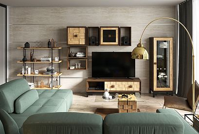 Тумба под ТВ "Cube Design" 3; фасад "шашки"; *КМ-009.123 ТВ; ящик справа; графит, бейц-масло