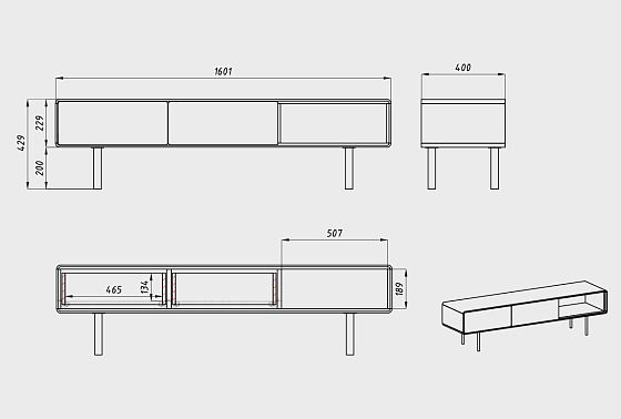 Тумба под ТВ низкая "Норман" 3 с нишей (правая) массив дуба, МДФ, металл 6