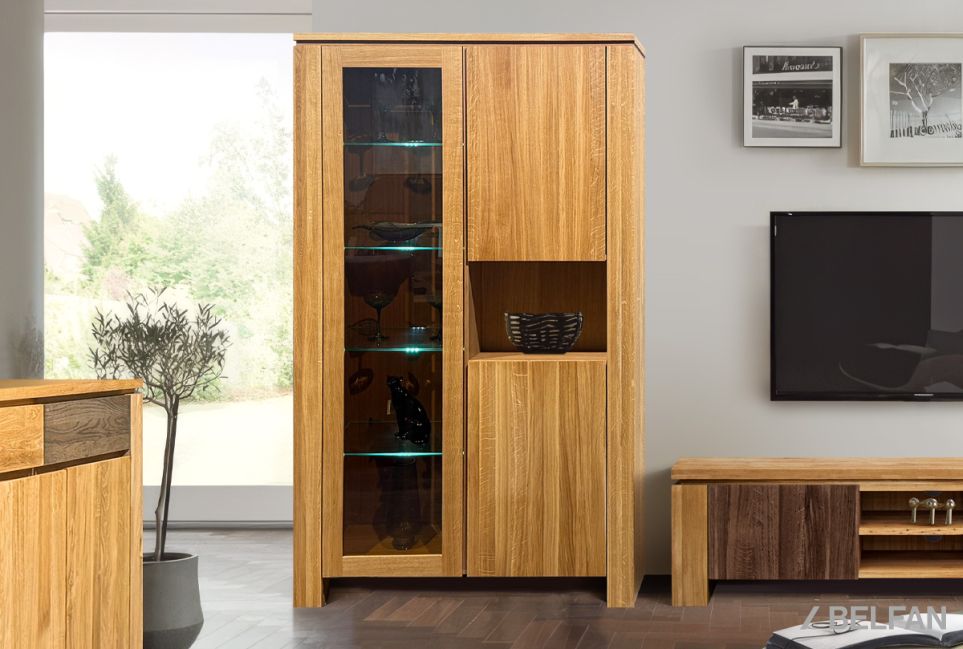 Шкаф с витриной комбинированный "Берген" массив и шпон дуба 1