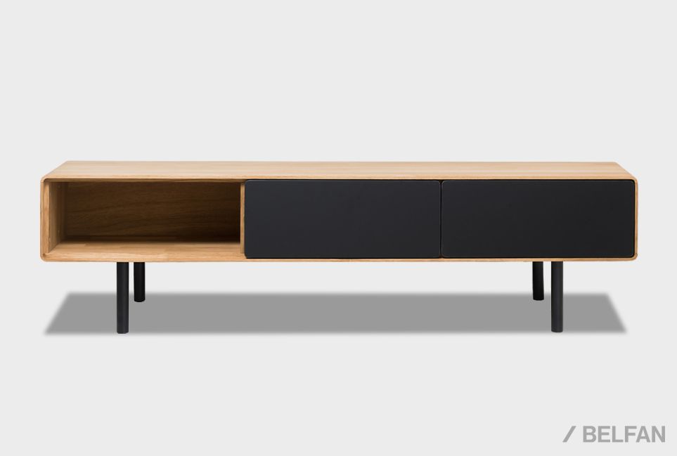 Тумба под ТВ низкая "Норман" 3 с нишей (левая) массив дуба, МДФ, металл 1