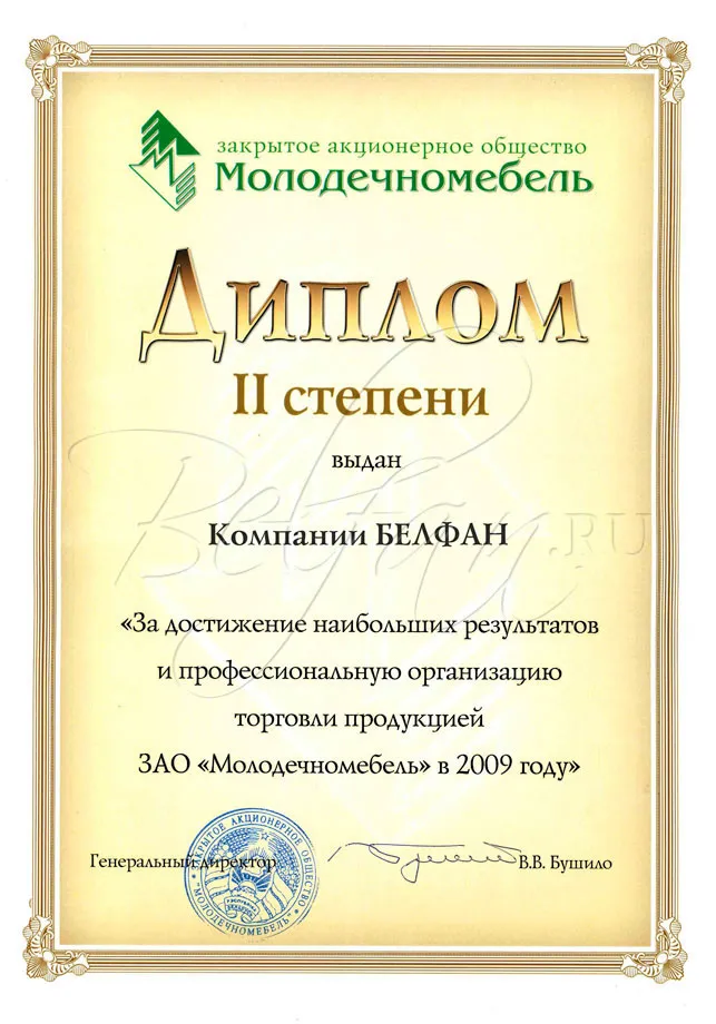 Диплом партнера ЗАО Молодечномебель. Выдан компании БЕЛФАН